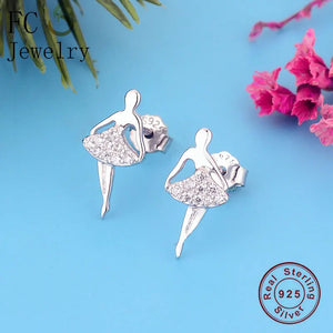 925 Silver Ballet Dancer Crystal Stud Earring Women Pendientes