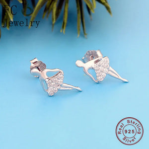 925 Silver Ballet Dancer Crystal Stud Earring Women Pendientes