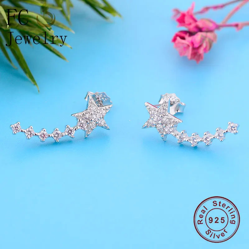 925 Silver Punk Geometric Star Zirconia Stud Earring Ear Cuff Climber
