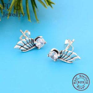925 Silver Vintage Feather Angel Wings Crystal Stud Earring Women