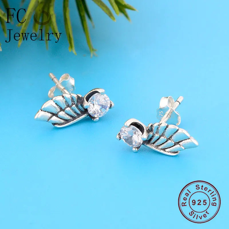 925 Silver Vintage Feather Angel Wings Crystal Stud Earring Women