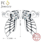 925 Silver Vintage Feather Angel Wings Crystal Stud Earring Women