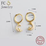 925 Sterling Silver Moon Star Hoop Earring with Zirconia for Women