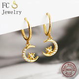 925 Sterling Silver Moon Star Hoop Earring with Zirconia for Women