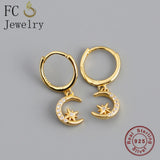 925 Sterling Silver Moon Star Hoop Earring with Zirconia for Women