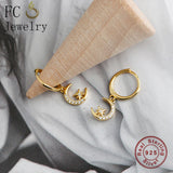 925 Sterling Silver Moon Star Hoop Earring with Zirconia for Women