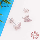 Real 925 Silver Butterfly Zirconia Stud Earrings for Women