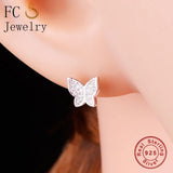 Real 925 Silver Butterfly Zirconia Stud Earrings for Women