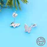 Real 925 Silver Butterfly Zirconia Stud Earrings for Women
