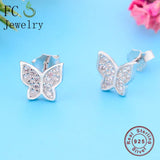 Real 925 Silver Butterfly Zirconia Stud Earrings for Women