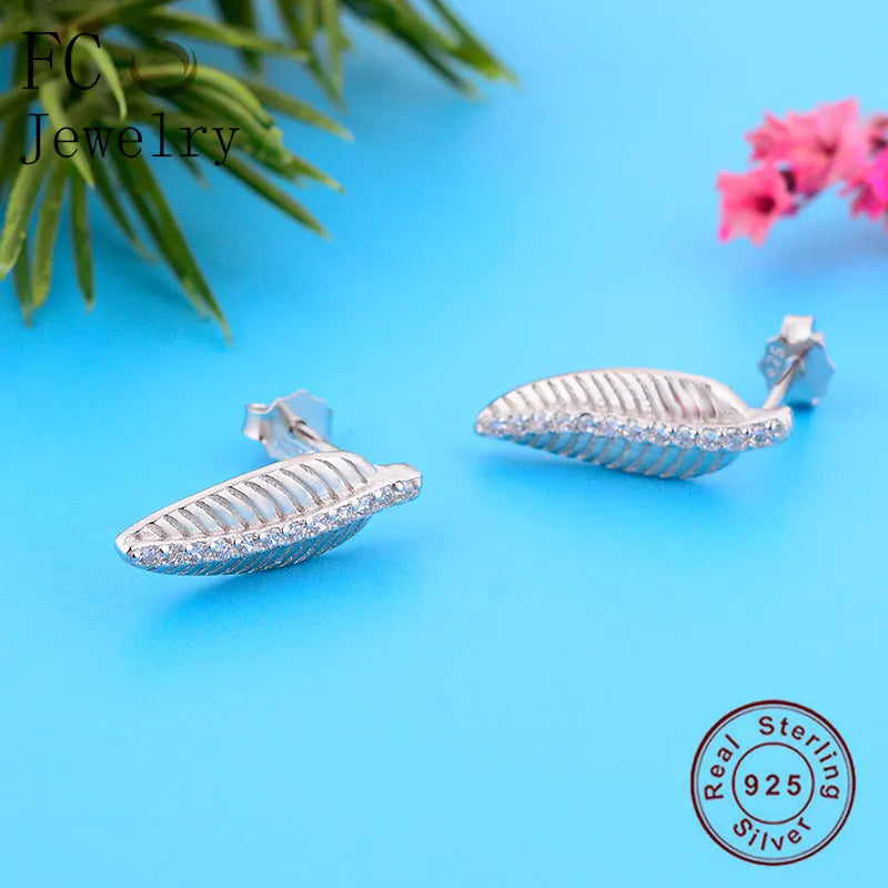 Real 925 Silver Leaf Zirconia Stud Earring for Women