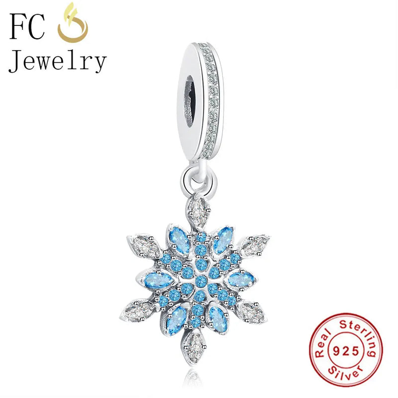 925 Silver Crystal & CZ Christmas Snowflake Pendant Flower Beads Charm Bracelet