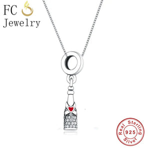 925 Silver Breast Cancer Awareness Beer Champagne Bottle Pendant Necklace
