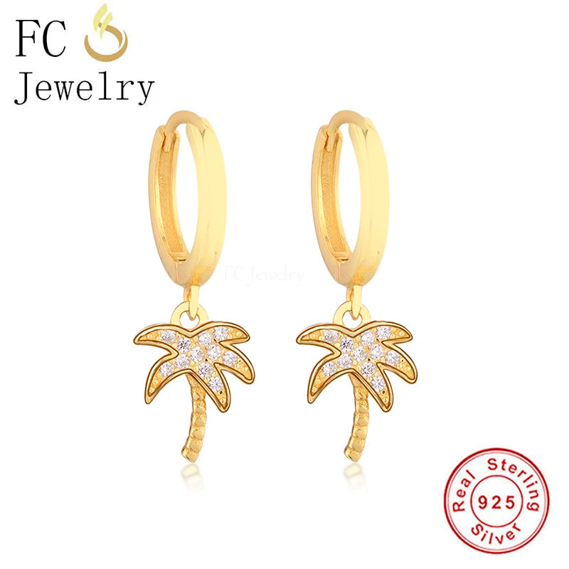 925 Silver Palm Tree Pendant & Hoop Earring Set