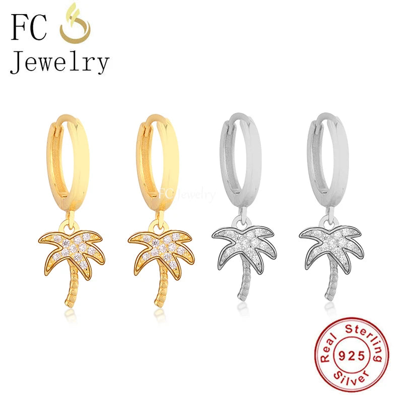 925 Silver Palm Tree Pendant & Hoop Earring Set