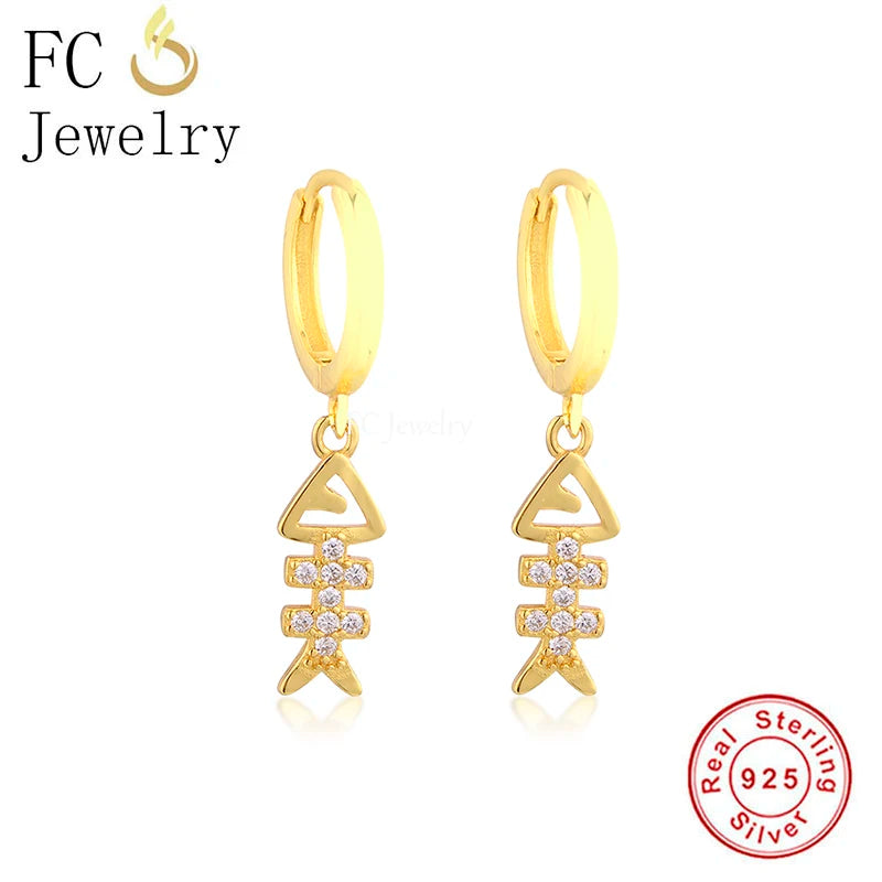 925 Silver Fish Bone CZ Piercing Hoop Earrings