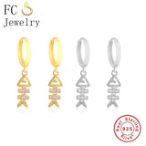 925 Silver Fish Bone CZ Piercing Hoop Earrings