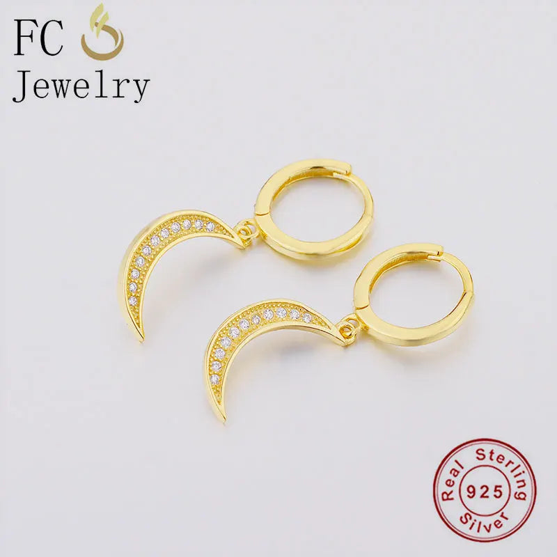 925 Silver Moon Crescent Zirconia Hoop Earrings for Women