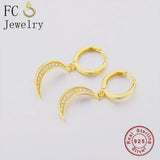 925 Silver Moon Crescent Zirconia Hoop Earrings for Women