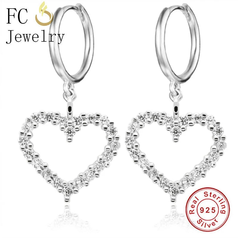 925 Silver Heart Hoop Earrings Zircon Crystal Boucles Doreilles
