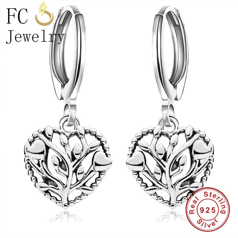 925 Silver Heart Life Tree Hoop Earrings for Women