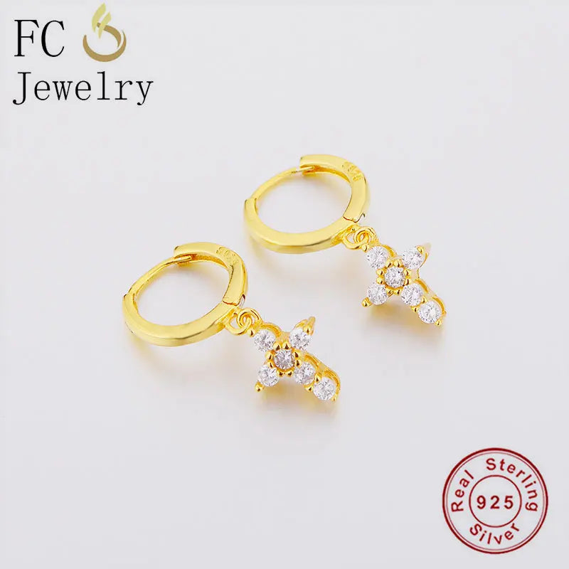 925 Silver Rock Cross Zirconia Bead Earrings