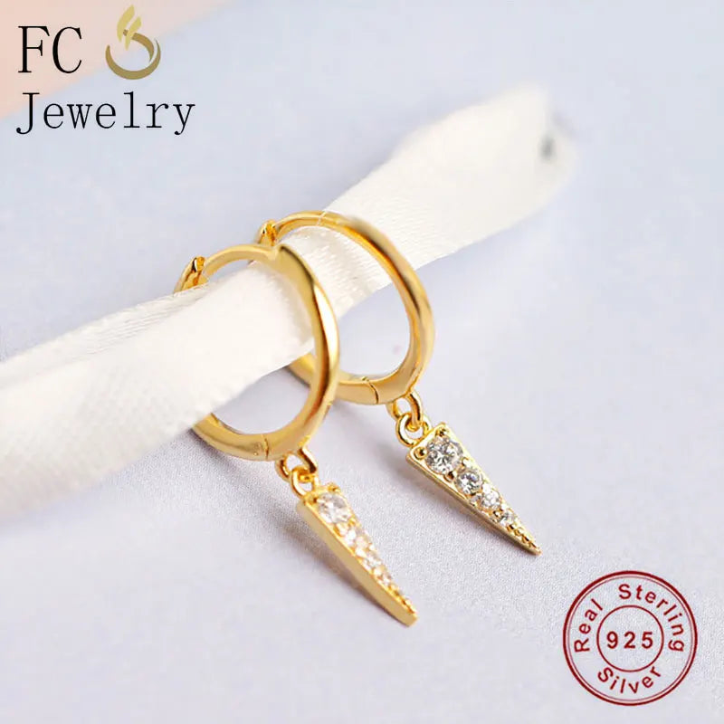 925 Silver Geometric Triangle Pizza Zirconia Golden Hoop Earring For Women