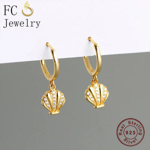 925 Silver Circle Sea Shell Zirconia Earrings