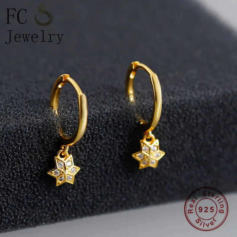 925 Silver Golden Square Flower Zircon Pendant Earring