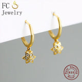 925 Silver Golden Square Flower Zircon Pendant Earring