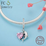 925 Silver Dolphin Heart Charm Pendant Bead for Bracelet Bangle Berloque