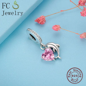 925 Silver Dolphin Heart Charm Pendant Bead for Bracelet Bangle Berloque