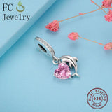 925 Silver Dolphin Heart Charm Pendant Bead for Bracelet Bangle Berloque