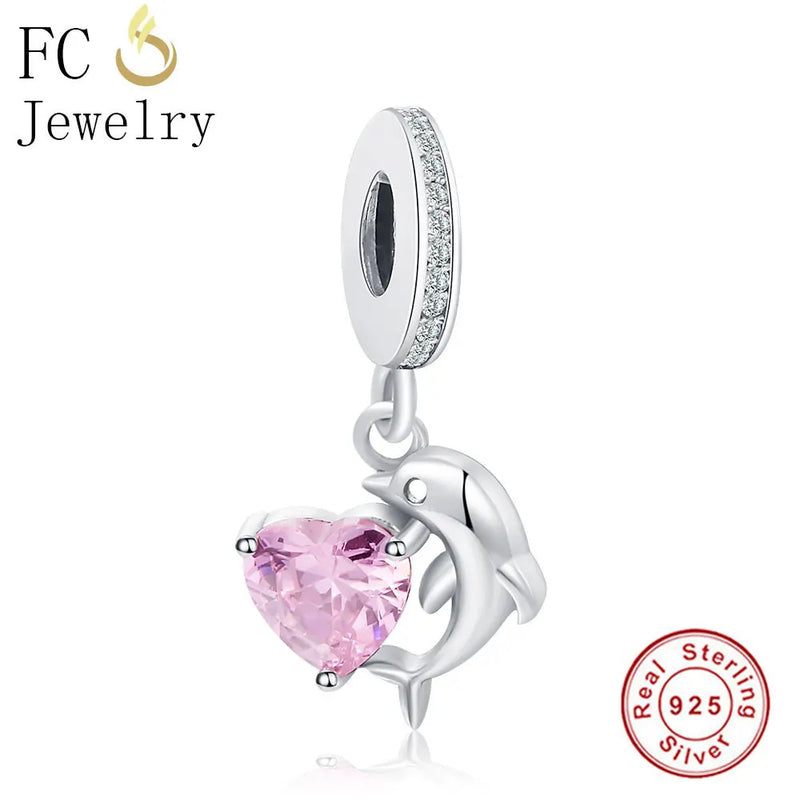 925 Silver Dolphin Heart Charm Pendant Bead for Bracelet Bangle Berloque