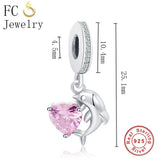 925 Silver Dolphin Heart Charm Pendant Bead for Bracelet Bangle Berloque