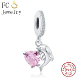 925 Silver Dolphin Heart Charm Pendant Bead for Bracelet Bangle Berloque