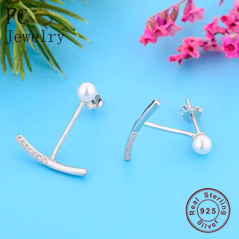 925 Silver Arc Line Bow Stud Earrings For Women