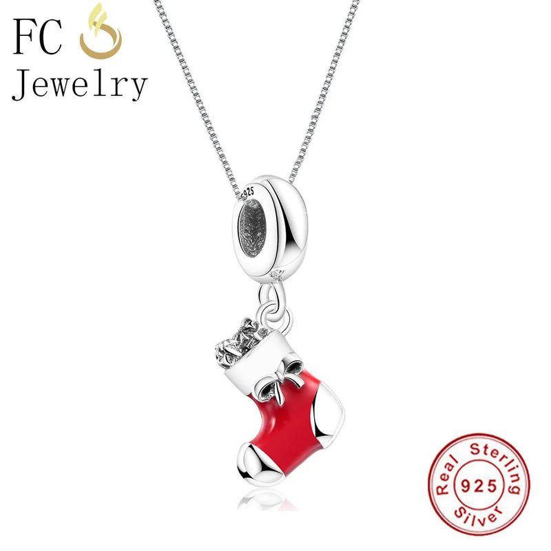925 Silver Christmas Boot CZ Crystal Pendant Necklace