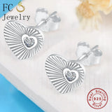 925 Silver Heart Stud Earrings Clear CZ Stone for Women Brincos