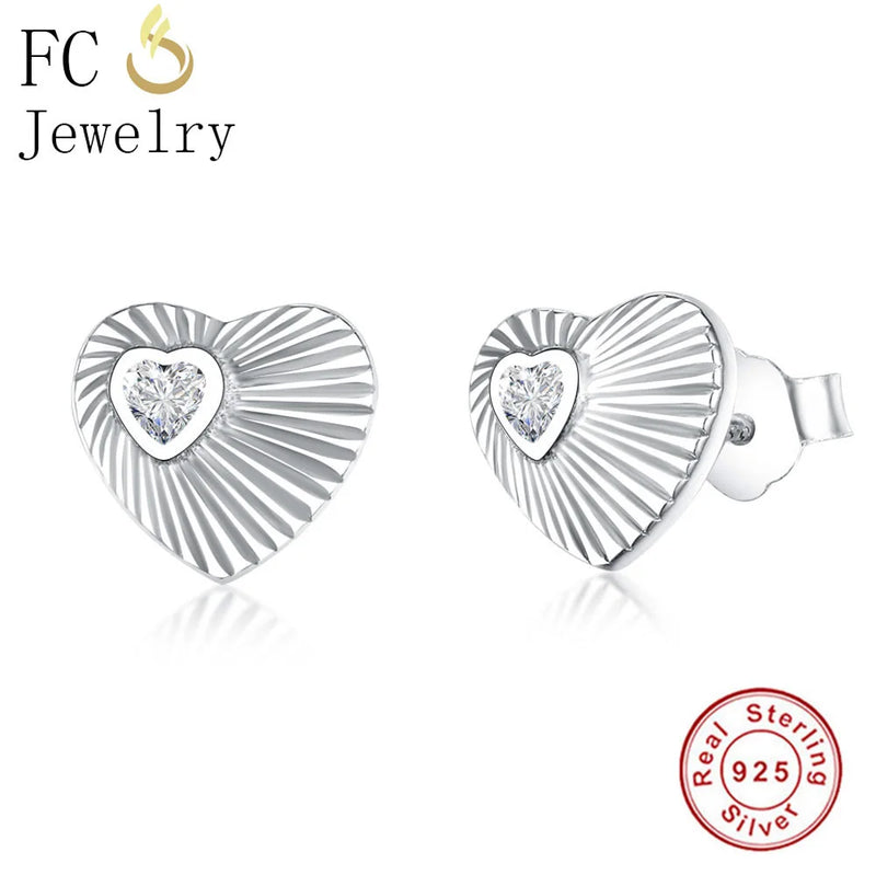 925 Silver Heart Stud Earrings Clear CZ Stone for Women Brincos