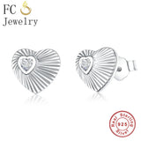 925 Silver Heart Stud Earrings Clear CZ Stone for Women Brincos