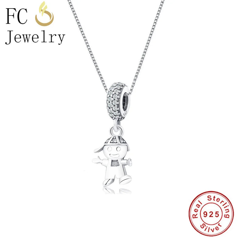 925 Silver Family Boy CZ Charm Pendant Necklace For Women