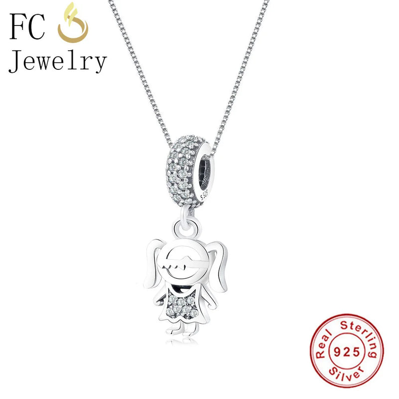 925 Silver Family Girl CZ Stone Charm Pendant Necklace For Women Chain Choker
