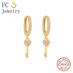 925 Silver Heart Key Zircon Hoop Earring for Women