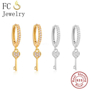 925 Silver Heart Key Zircon Hoop Earring for Women