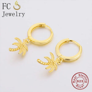 925 Silver Palm Tree Bead Pendant Hoop Earring for Women