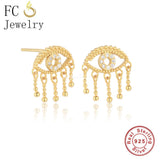 925 Silver Evil Eye Tassel Piercing Stud Earring Women Brincos