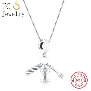 925 Sterling Silver Pasta Food Fork Bow Tie Pendant Necklace Chain