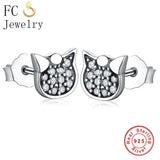 925 Sterling Silver Cat Stud Earrings with Cubic Zircon Crystal Stone