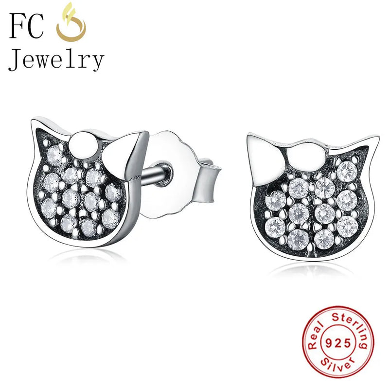 925 Sterling Silver Cat Stud Earrings with Cubic Zircon Crystal Stone